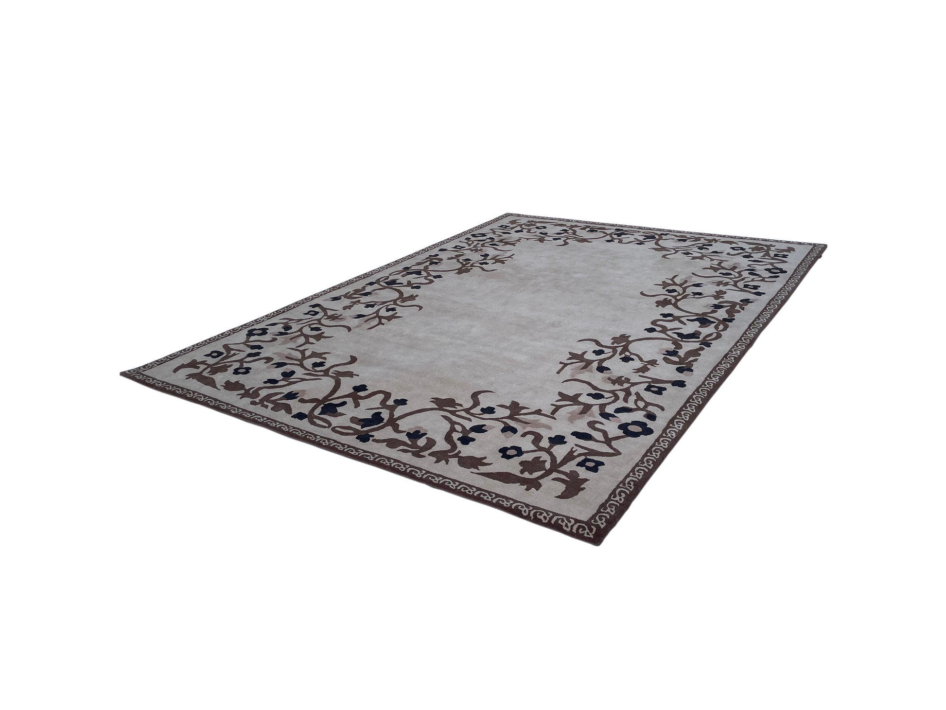 The RAMSHA HOME Traditional Home Decor Handmade Carpet – HTW-34 is a rectangular beige wool rug with a light center and brown and dark blue floral vine borders, hand-tufted and shown on a white background.
