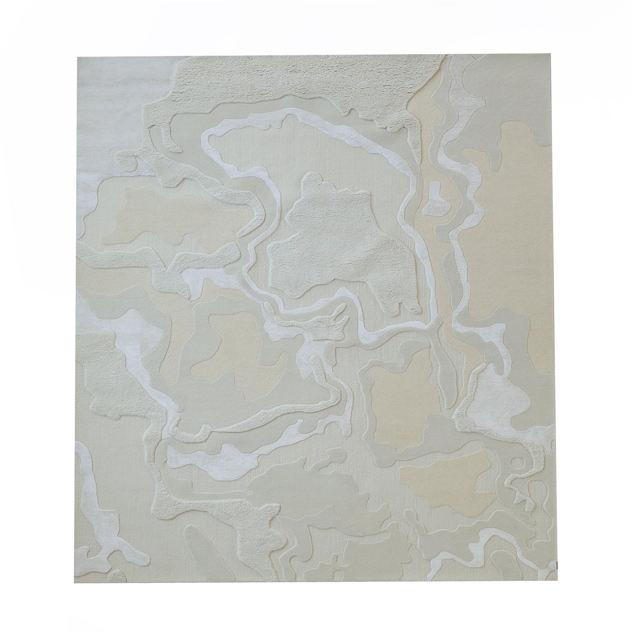 The RAMSHA HOME Handcrafted Natural White Area Rug – HTWV-129 features abstract, irregular wavy shapes and lines in beige, cream, and light gray on a white background, evoking modern style and layered terrain.