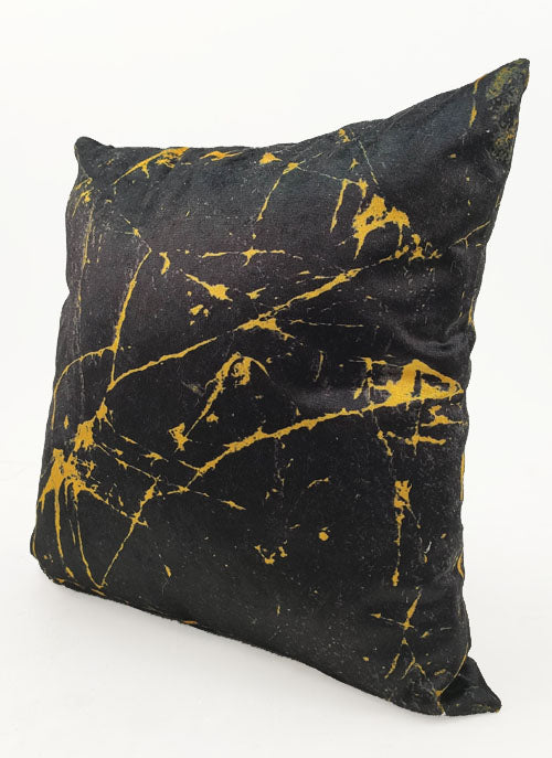 The RAMSHA HOME Polyester Cushion Cover features a black square design with a gold marbled pattern, shown against a white background. Made from durable polyester, it's easy to clean and perfect for stylish home decor.