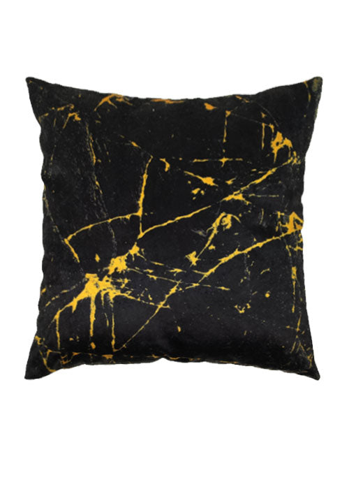 The RAMSHA HOME Polyester Cushion Cover features a square design with a black background and bold gold marble-like streaks on durable, easy-to-clean polyester.