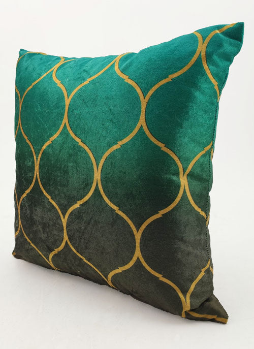 The RAMSHA HOME Polyester Cushion Cover is a square pillow with a shiny green velvet texture and gold geometric trellis pattern, shown against a plain white background.