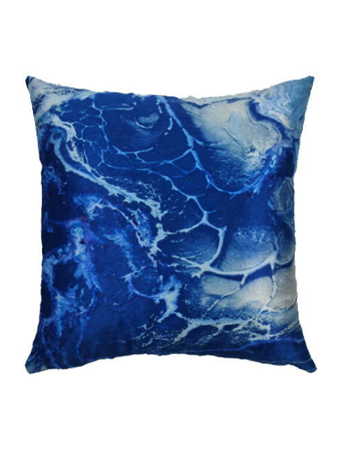 The RAMSHA HOME Polyester Cushion Cover features a blue and white abstract marble pattern with swirling, veined designs, offering a water or stone-like look. Made of durable polyester, it's easy to clean and ideal for everyday use.