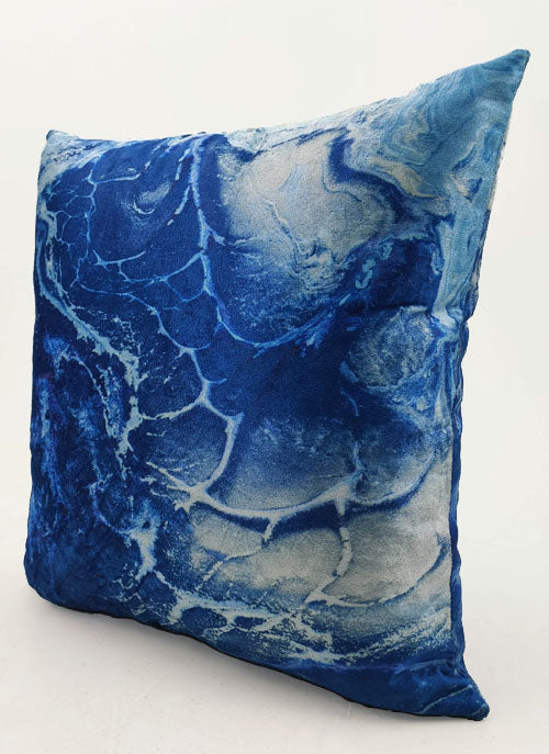 The RAMSHA HOME Polyester Cushion Cover features a square design with a blue and white marbled wave pattern. Made from durable fabric, this pillow cover is easy to clean and ideal for everyday use.