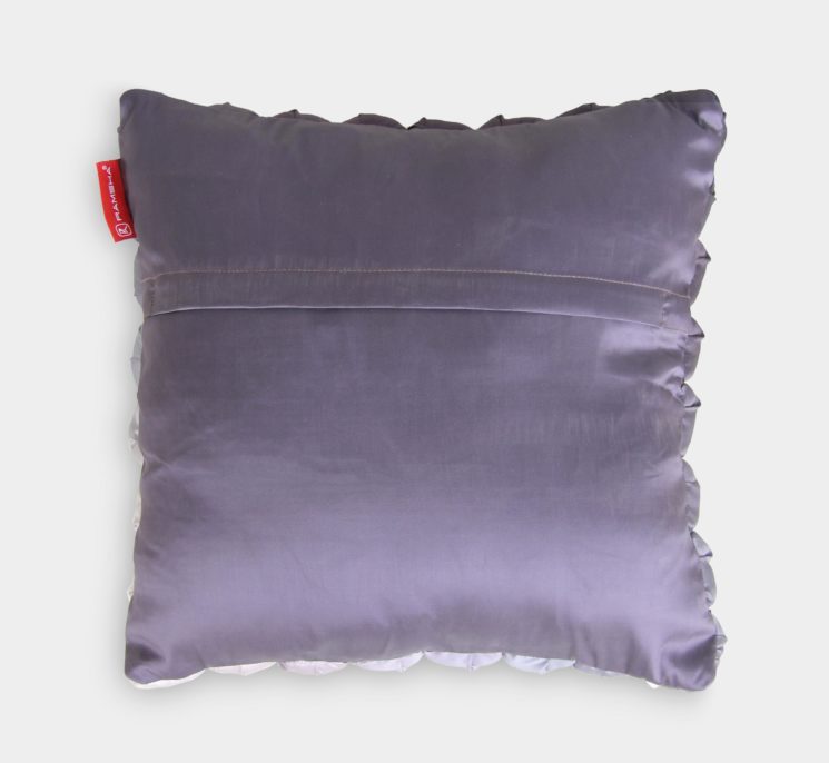 The RAMSHA HOME Polyester Bubble Cushion Cover is a shiny, light purple satin square pillowcase with scalloped edges and a red fabric tag on the upper left, shown against a plain white background.