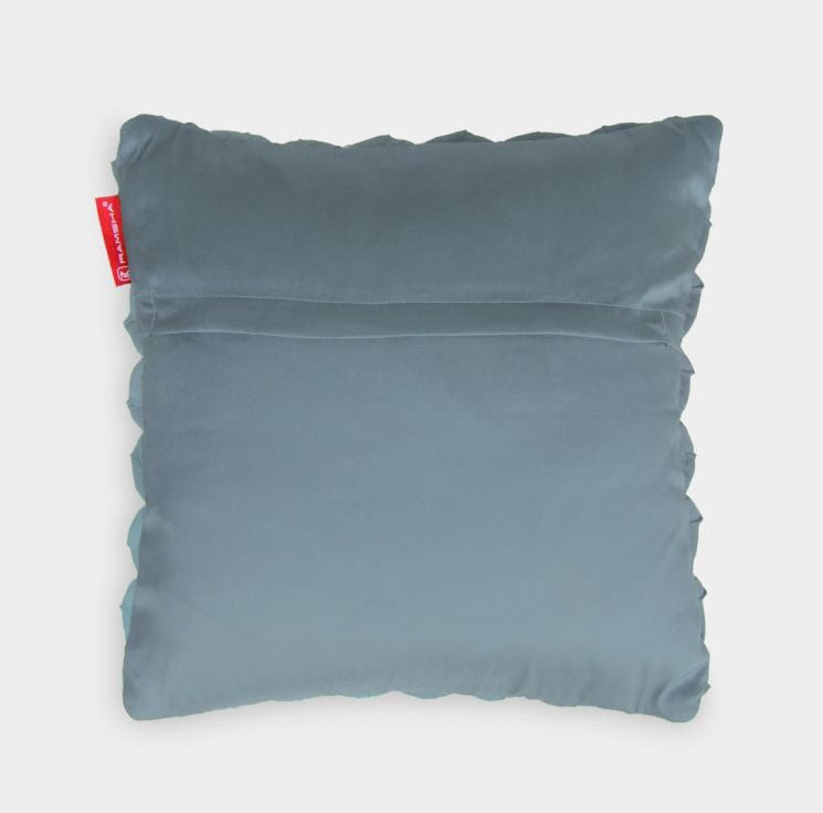 The RAMSHA HOME Polyester Bubble Cushion Cover is a square blue velvet cover with a front pocket and red fabric tag, shown against a plain white background.
