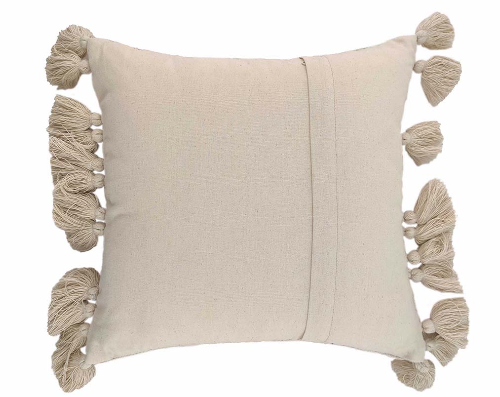 The RAMSHA HOME Cotton & Polyester Natural & White Color Cushion With Filler CS-009 features beige tassels on both sides and a hidden back slit, displayed against a white background.