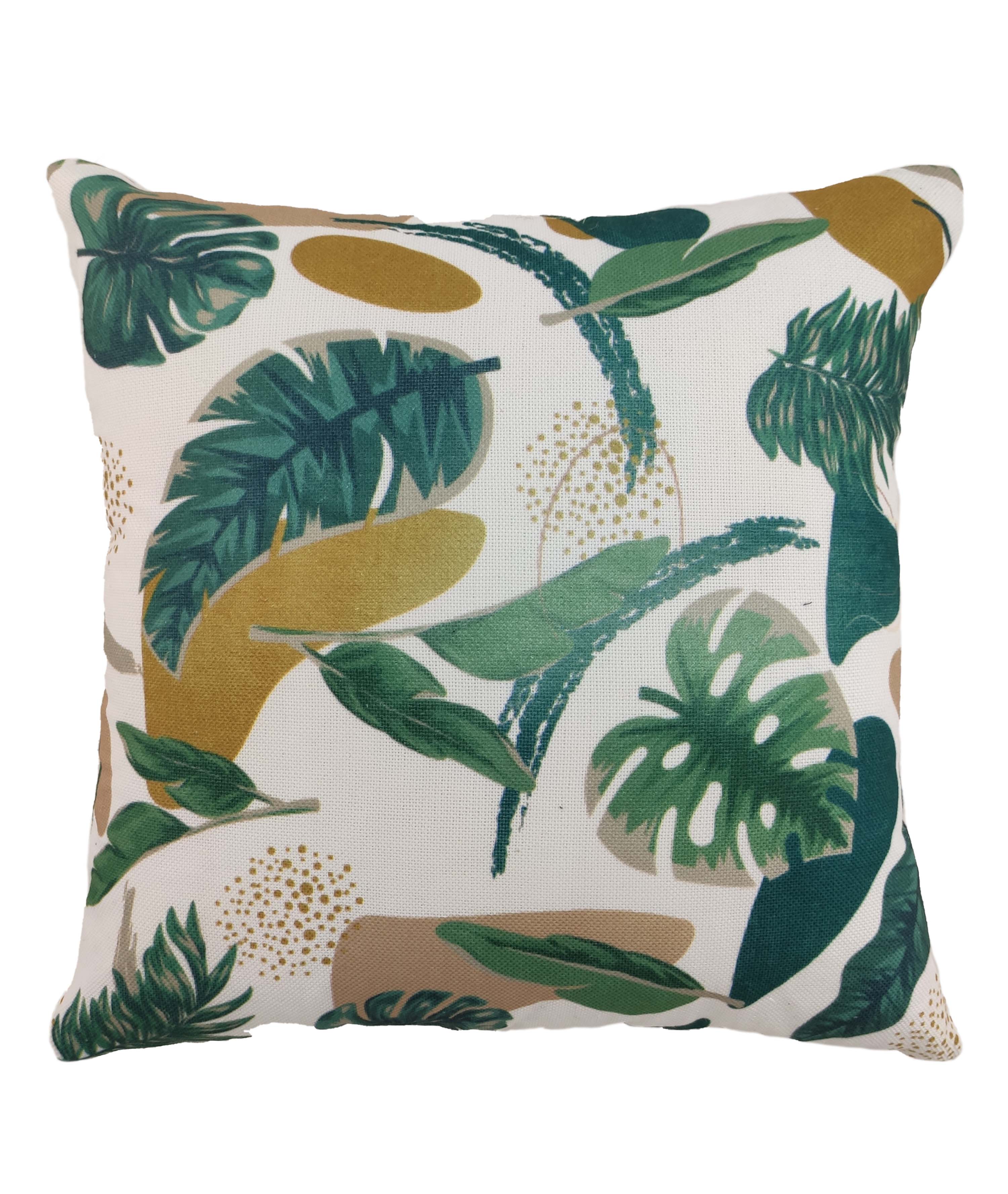 RAMSHA HOME’s Multi Polyester Cushion Cover CS-010 features a white base with green and mustard tropical leaves and abstract shapes. Made from durable polyester, it’s a stylish addition to any sofa.
