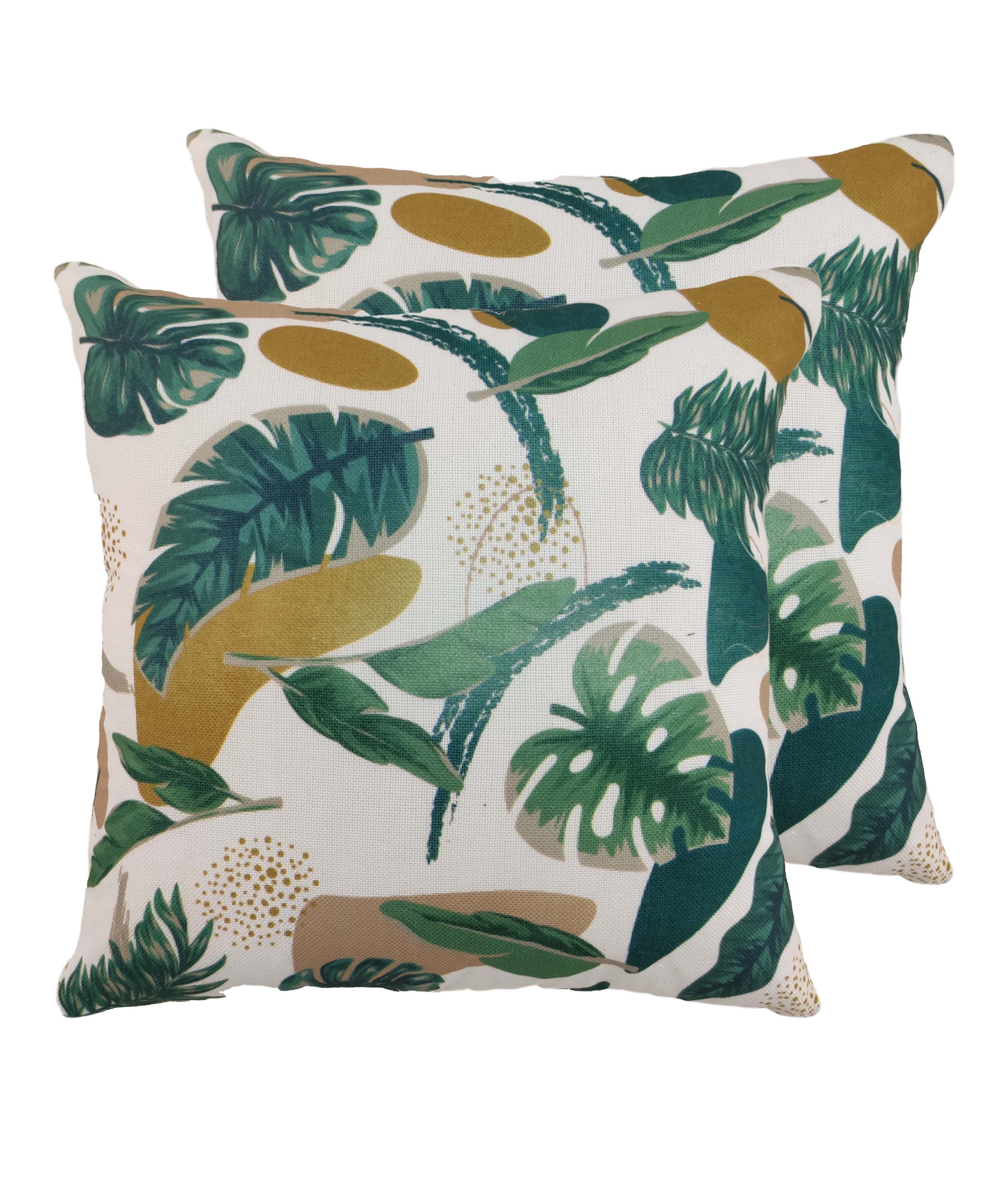 The RAMSHA HOME Multi Polyester Cushion Cover CS-010 features bold green, gold, and teal tropical leaves on a white background. Two covers are shown stacked with their striking botanical design slightly overlapping.