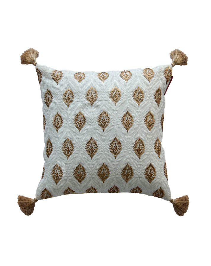RAMSHA HOME’s White & Gold Polyester Cushion Cover CS-016 features a square white design with a gold leaf pattern and brown tassels at each corner, shown on a plain white background.
