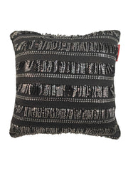 The RAMSHA HOME Modern Polyester Cushion Cover features a rectangular design with black fabric, accented by horizontal rows of silver sequins, black fringe, and textured stripes for a sparkling, modern look.