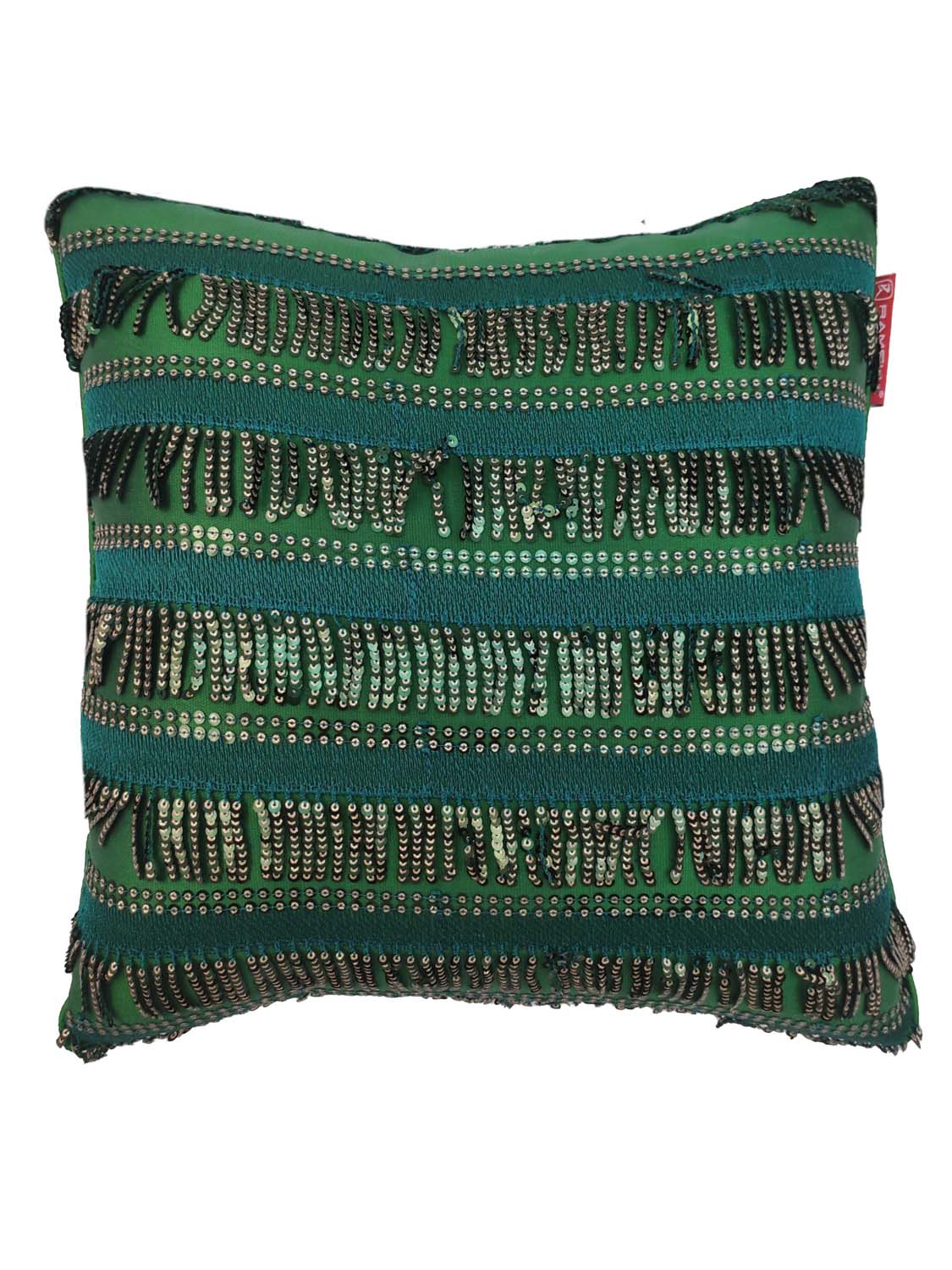 The RAMSHA HOME Modern Polyester Cushion Cover features green fabric with teal and black stripes, metallic studs, and a textured fringe-like design. Durable and made from high-quality polyester for a stylish touch to any space.
