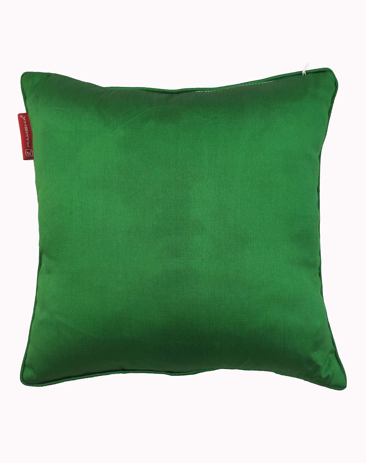 The RAMSHA HOME Modern Polyester Cushion Cover is square, green, with a smooth fabric surface and a small red side tag, shown against a plain white background.