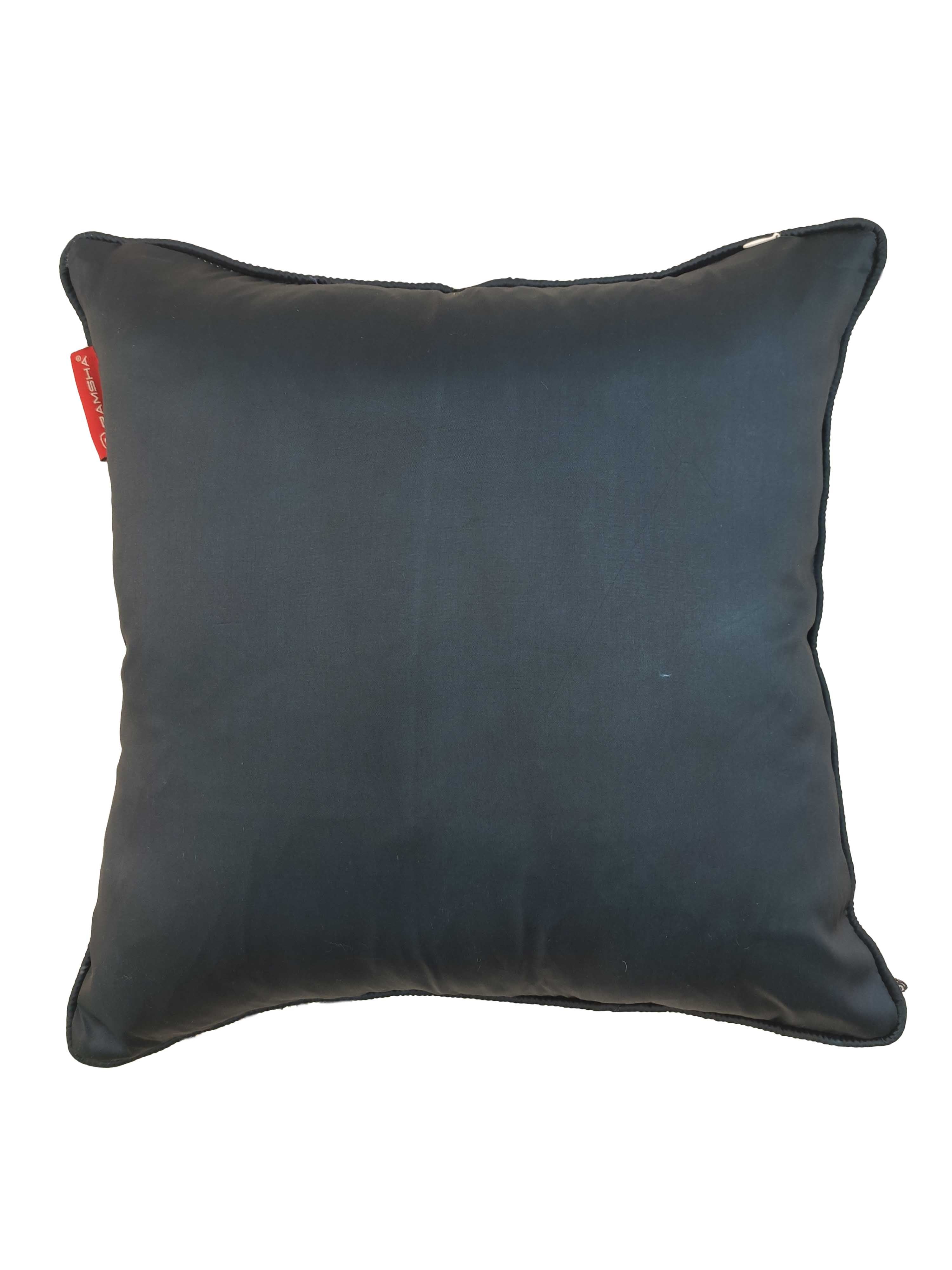 The RAMSHA HOME Modern Polyester Cushion Cover is a square, plain black pillow with a smooth surface and small red tag on one edge, displayed against a white background.