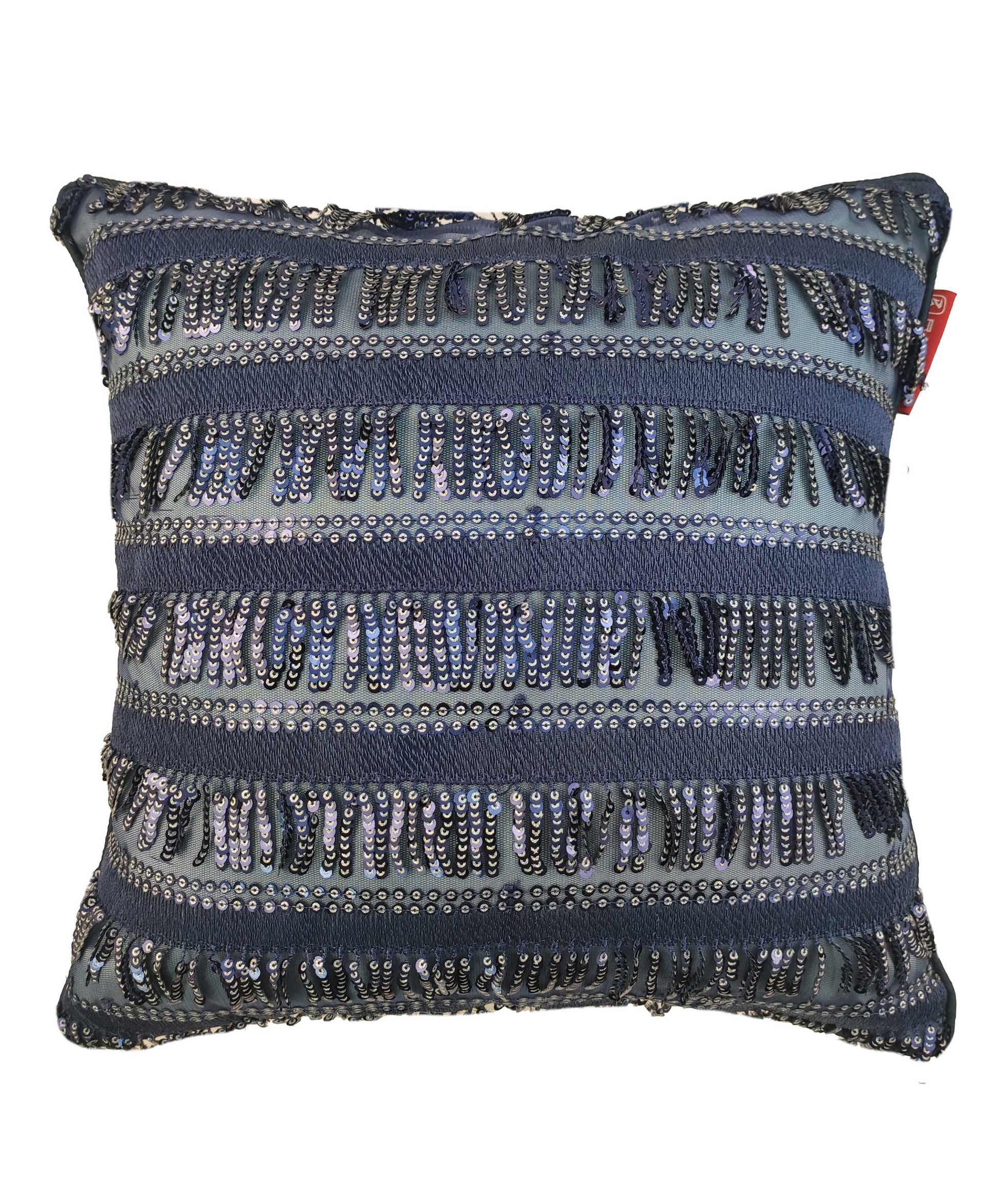 The RAMSHA HOME Modern Polyester Cushion Cover is a square decorative pillow in dark blue, featuring horizontal shiny sequins, fringe detailing for a modern textured look, and a small red tag on the right side.