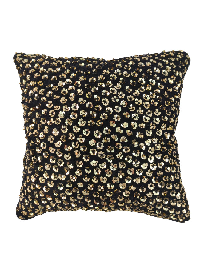 The RAMSHA HOME Decorative Polyester Cushion Cover features a black premium polyester base with an all-over dense pattern of shiny gold sequins, adding a textured and glamorous touch to any space.