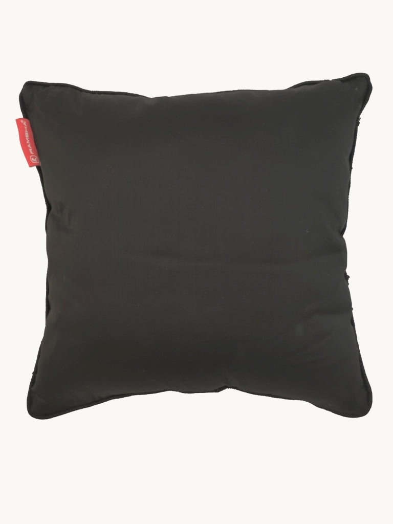The RAMSHA HOME Decorative Polyester Cushion Cover is a plain black square with a red tag on the upper left corner, crafted from premium polyester and shown against a white background.