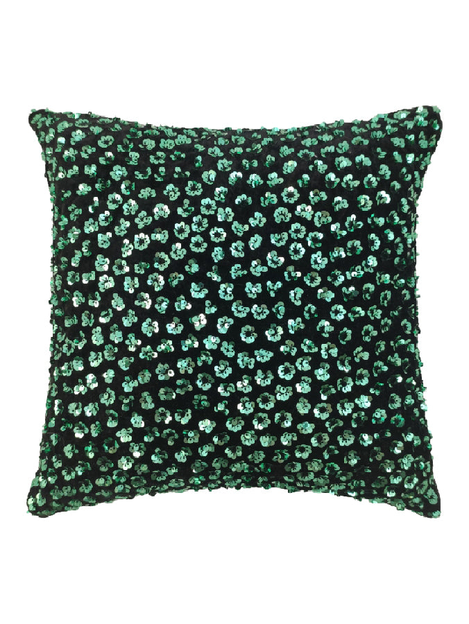 The RAMSHA HOME Decorative Polyester Cushion Cover features a black background with shiny green sequins in a small floral or dot pattern, creating a sparkly, textured look that adds elegance to your space.