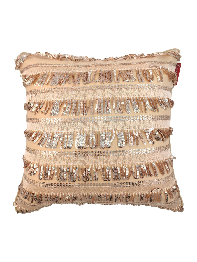 RAMSHA HOME's Modern Polyester Cushion Cover features horizontal rows of gold and silver sequins and fringe, giving your decor a shimmering, textured look. It fits square decorative pillows and has a stylish beige finish.