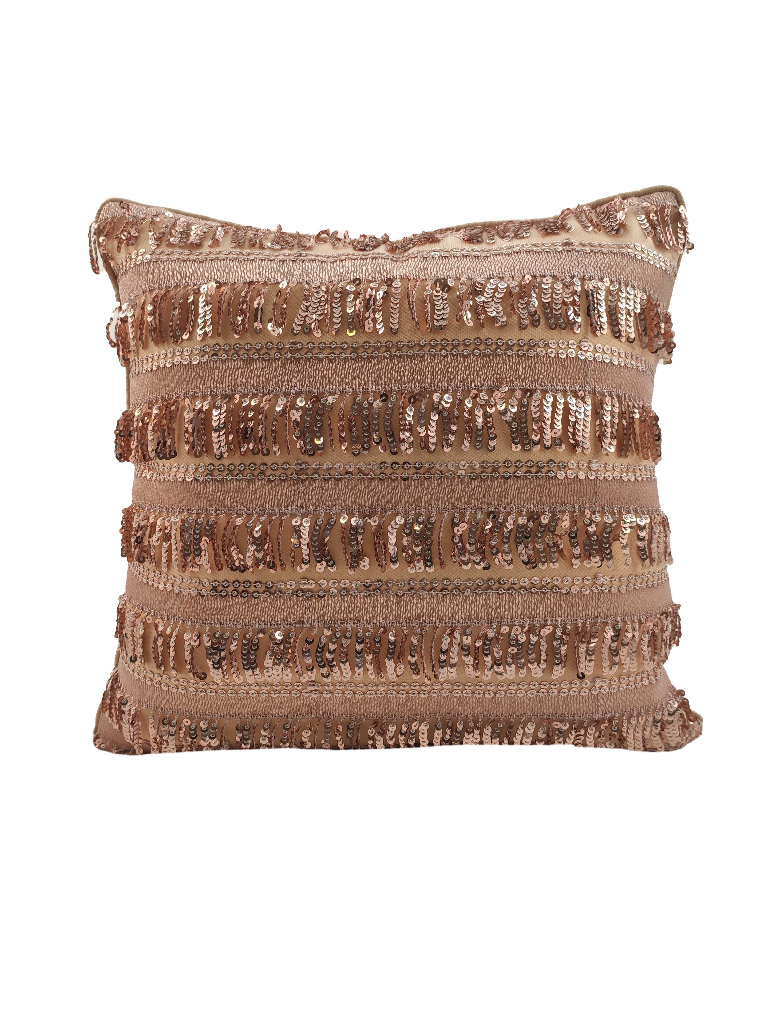 The RAMSHA HOME Modern Polyester Cushion Cover features horizontal rows of shiny sequins and fringes on a beige base, offering a shimmering, textured look. Pillow is shown against a white background.