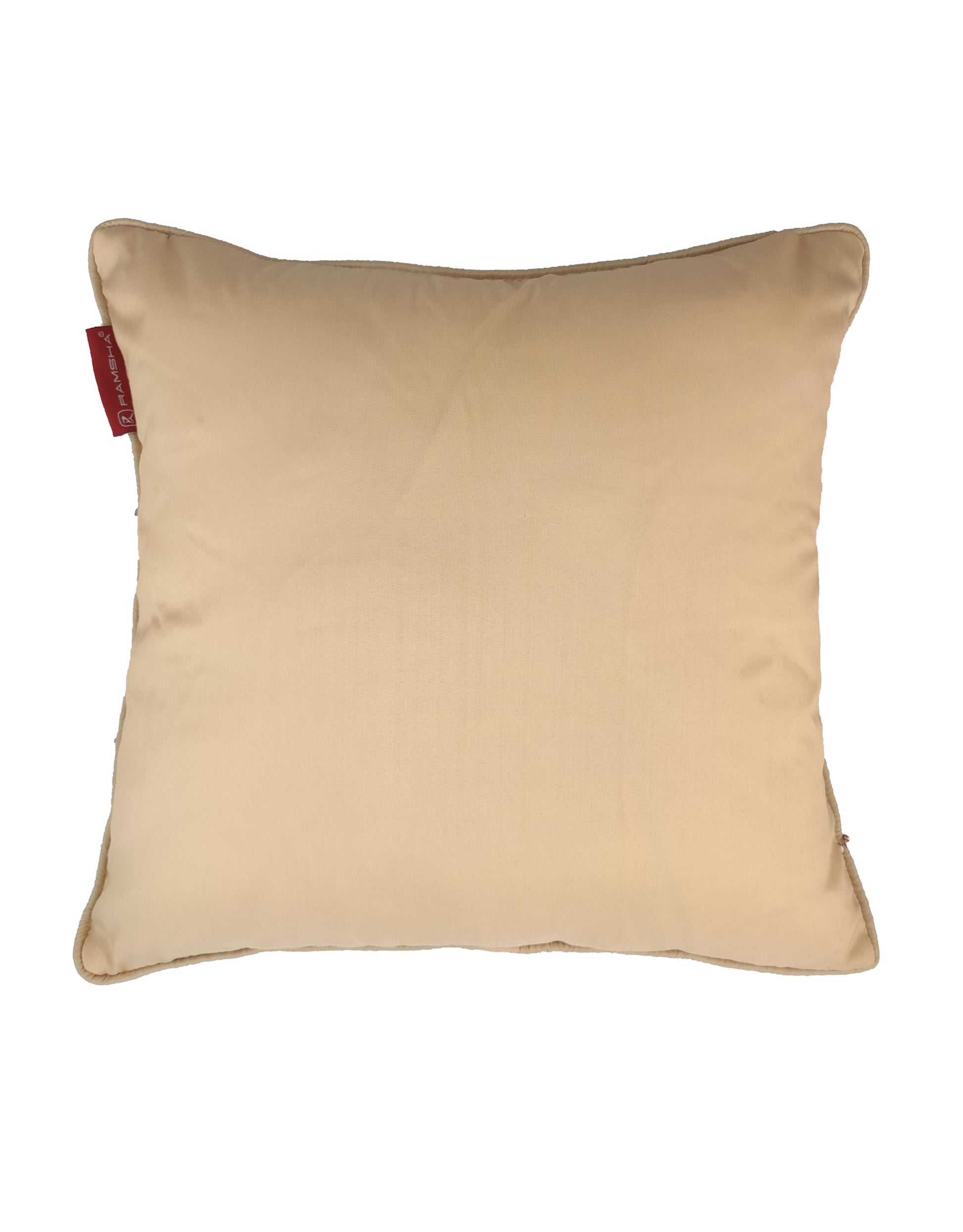 The Modern Polyester Cushion Cover by RAMSHA HOME is square, beige, made of smooth polyester fabric, and features a small red tag on the upper left side, shown against a white background.