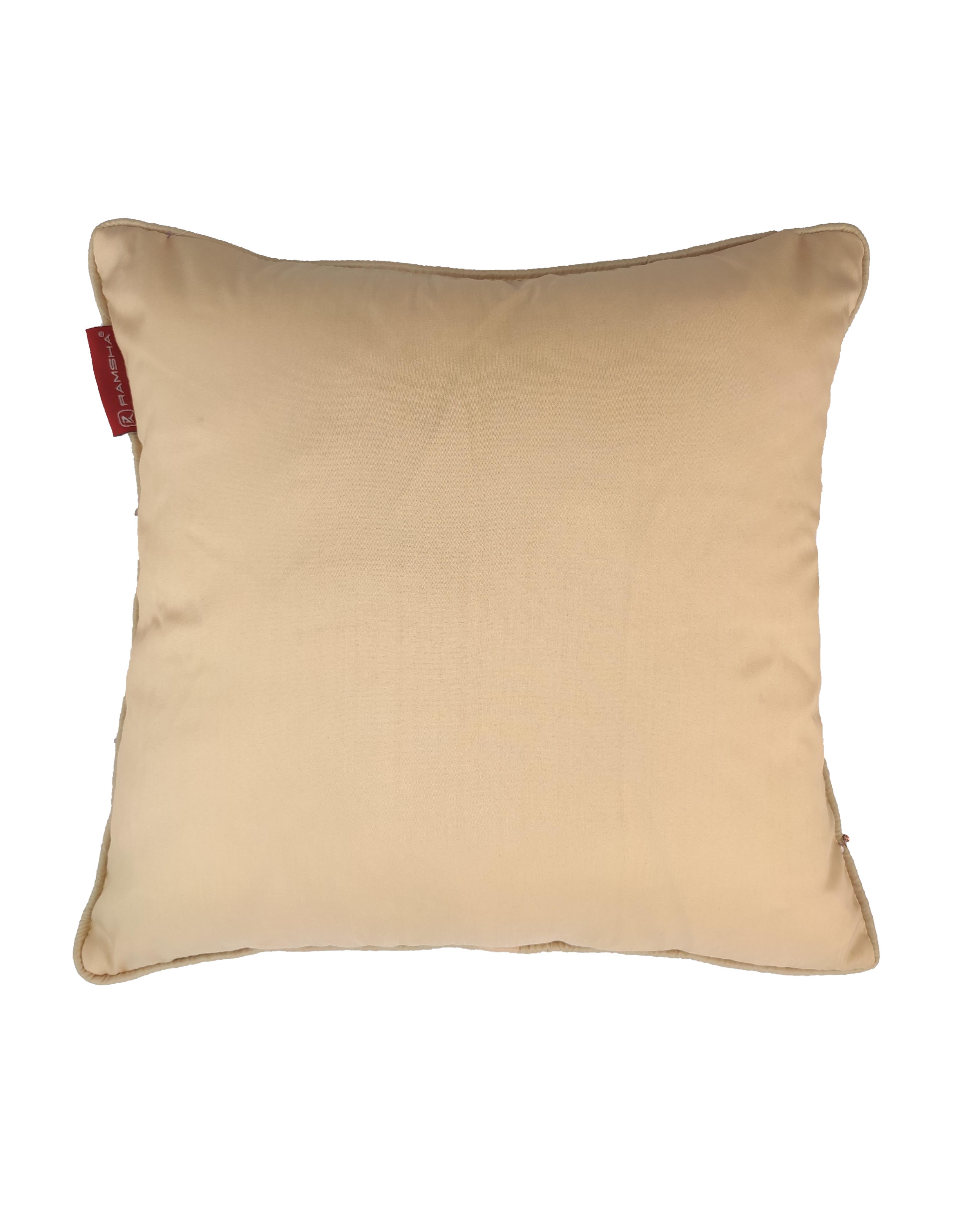 The Modern Polyester Cushion Cover by RAMSHA HOME is square, beige, made of smooth polyester fabric, and features a small red tag on the upper left side, shown against a white background.