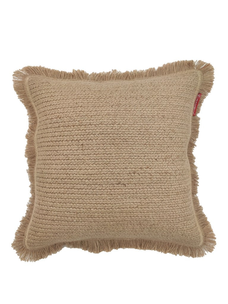 The Natural Color Jute & Cotton Cushion With Filler CS-030 by RAMSHA HOME features a square beige design with a textured woven surface, fringed edges, and a small red fabric tag for added charm. Seen from above against a white background.
