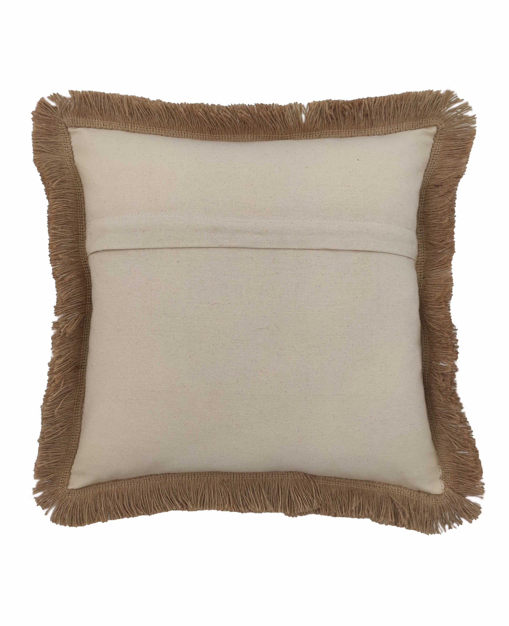 The RAMSHA HOME Natural Color Jute & Cotton Cushion With Filler CS-030 features a beige natural canvas look with brown fringe trim and a central horizontal seam on the back, adding stylish comfort to any space.