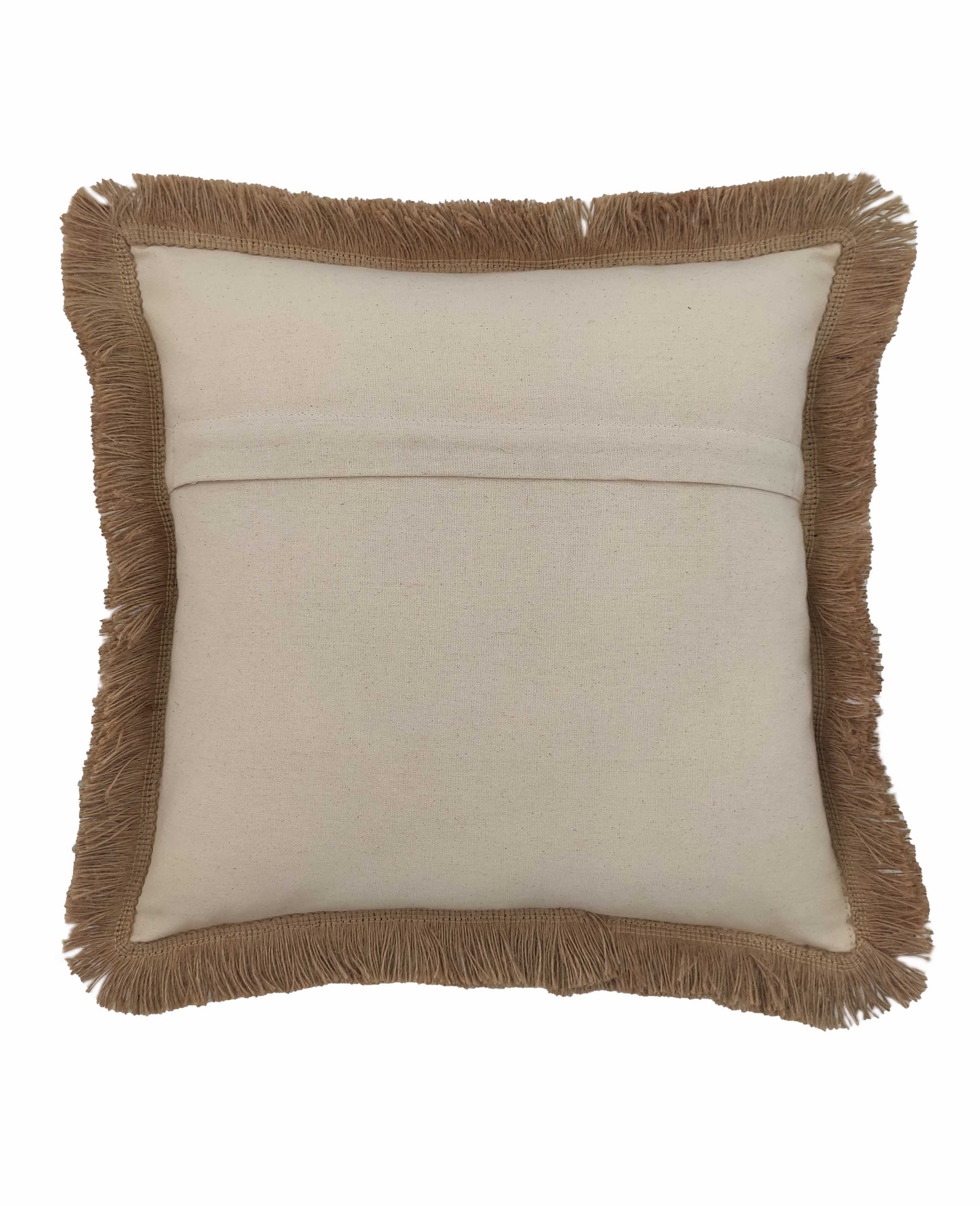 The RAMSHA HOME Natural Color Jute & Cotton Cushion With Filler CS-030 features a beige natural canvas look with brown fringe trim and a central horizontal seam on the back, adding stylish comfort to any space.