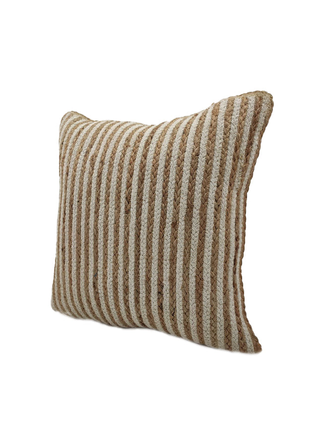 The RAMSHA HOME Cushion With Filler Natural Color CS-031 features alternating beige and white vertical stripes in a textured, woven fabric. Shown angled on a white background, this square throw pillow adds comfort and style to any space.