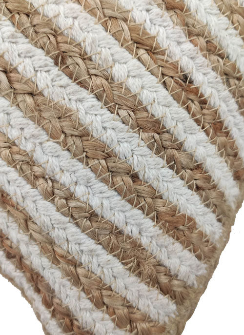The RAMSHA HOME Cushion With Filler Natural Color CS-031 features diagonal woven stripes in beige and off-white fibers, giving it a rustic and cozy look.