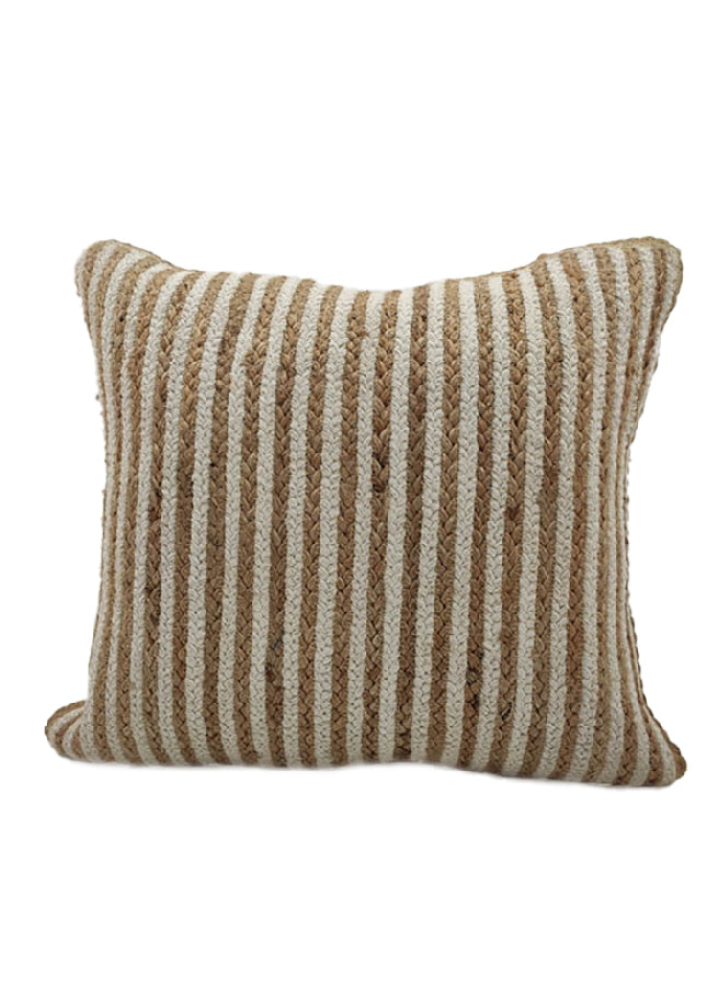 The RAMSHA HOME Cushion With Filler Natural Color CS-031 features alternating beige and off-white vertical stripes in a textured, woven fabric for a stylish and comfortable touch.