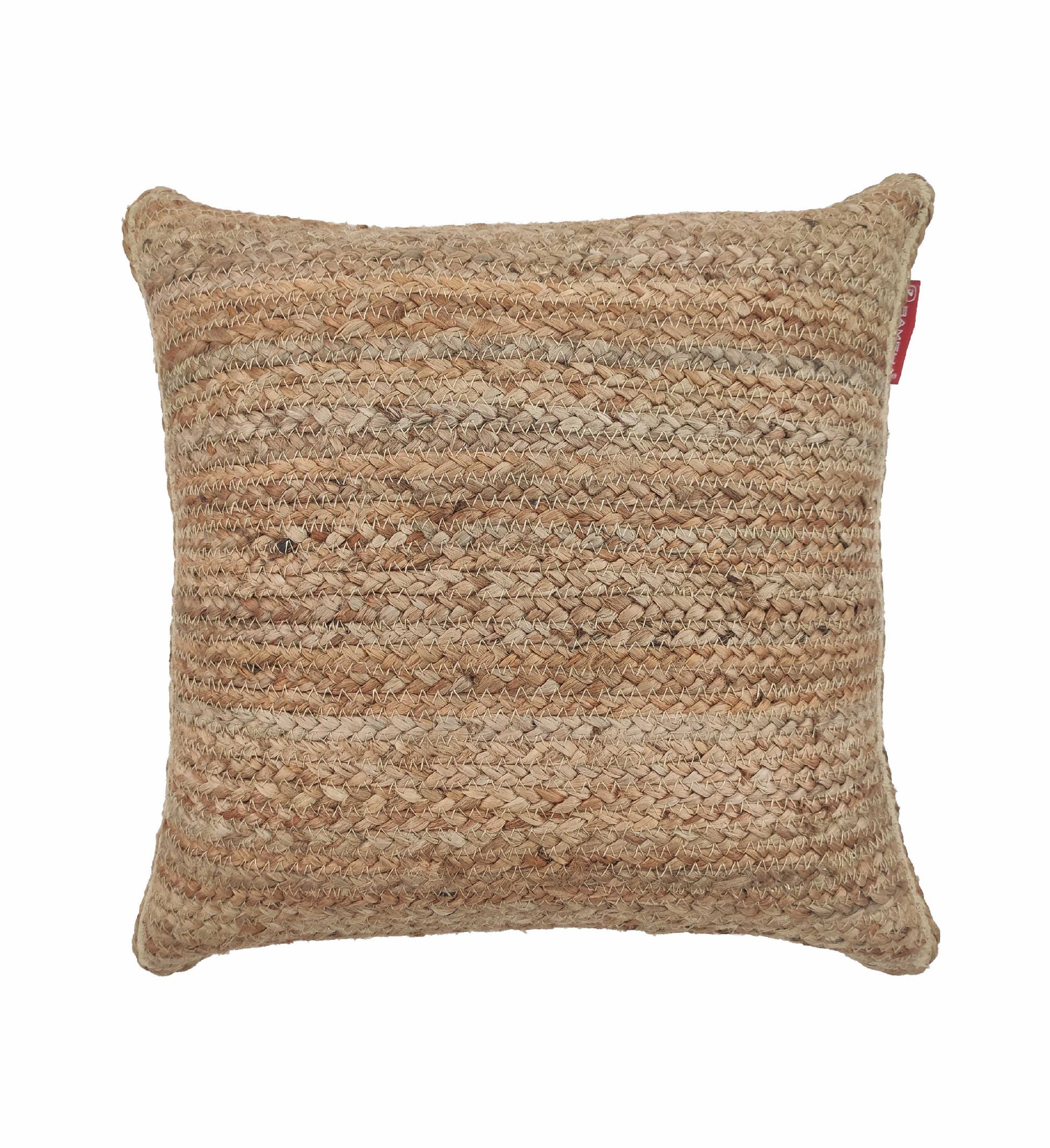 The RAMSHA HOME Jute Cushion With Filler CS-032 is a square cushion in natural brown, made with woven jute fabric featuring a braided pattern and a small red tag on the right edge.