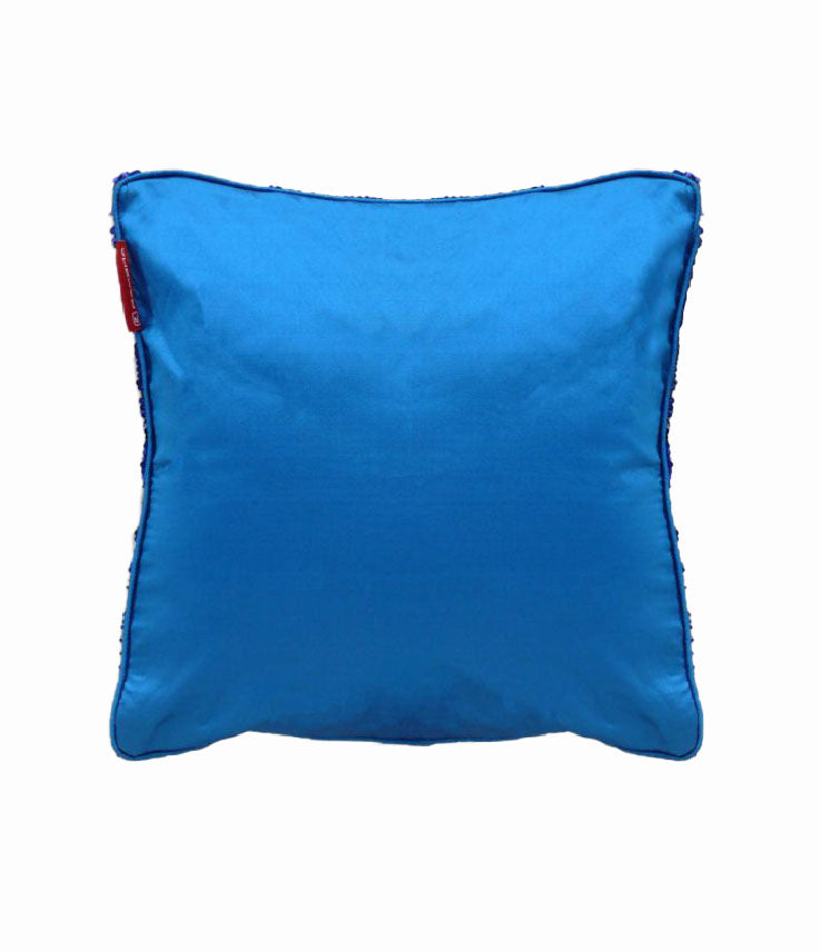 The RAMSHA HOME Home Decor Cushion Cover is a square blue cover made from smooth, shiny fabric with a small red tag on the upper left edge, ideal for adding style to your living room. Shown against a plain white background.