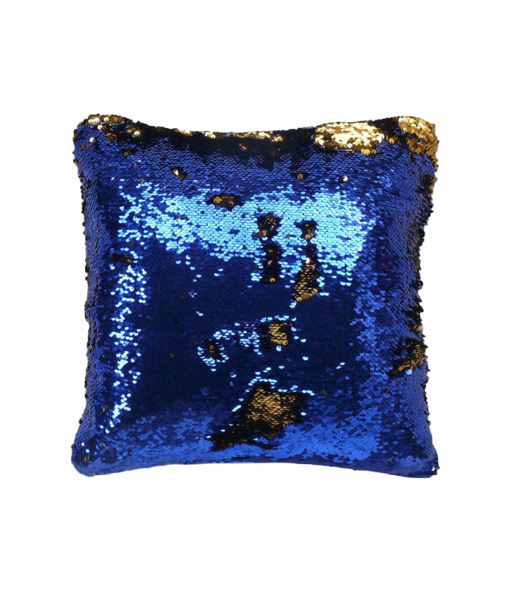 The RAMSHA HOME Decor Cushion Cover features shiny blue and gold reversible sequins on a square cover, creating random gold patches through blue for a sparkling effect—ideal for brightening your living room or home decor. White background included.