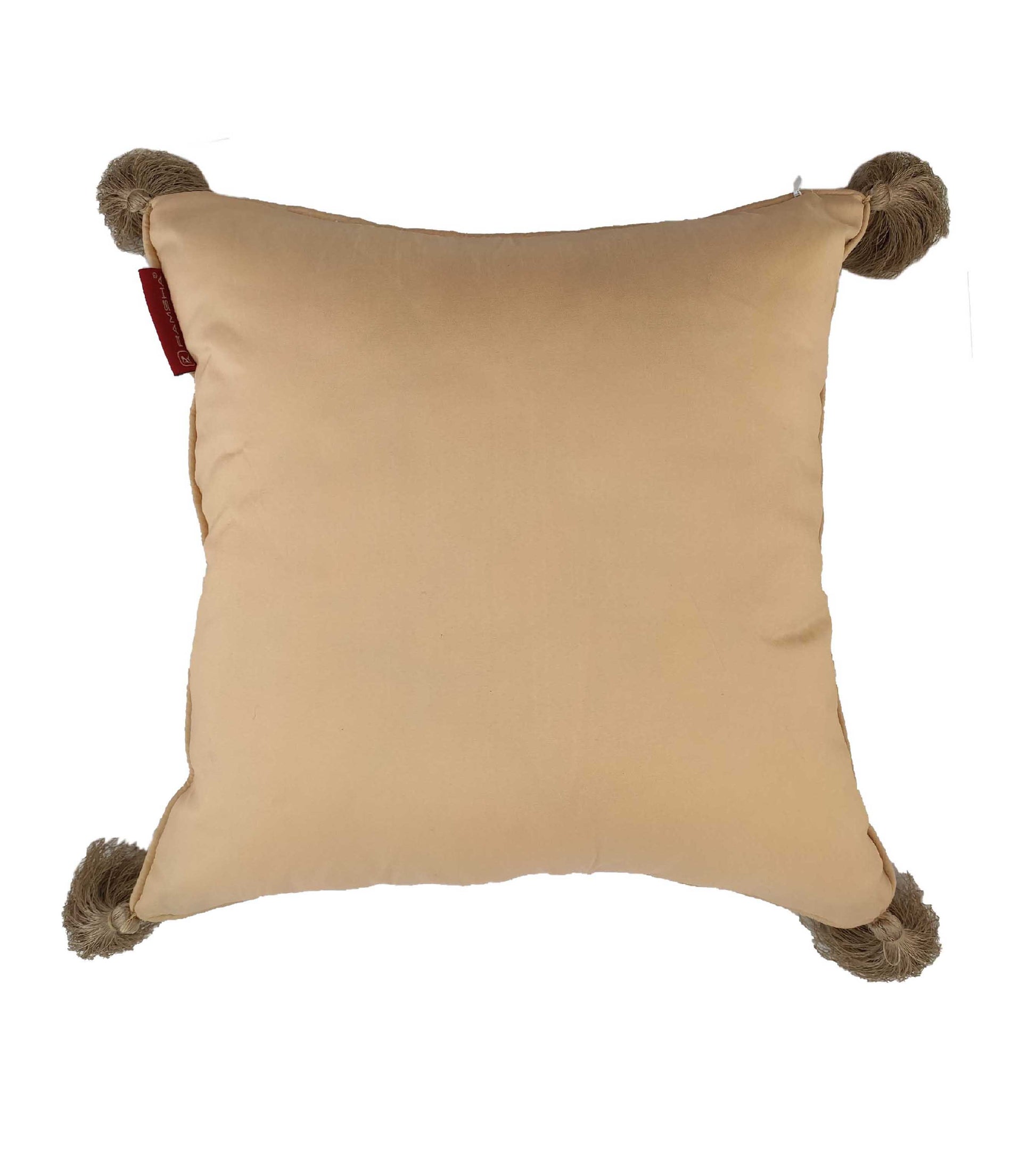 The RAMSHA HOME Polyester Cushion Cover With Tassel CS-042 is square, beige, made of smooth polyester, and features thick brown tassels at each corner, shown on a white background.
