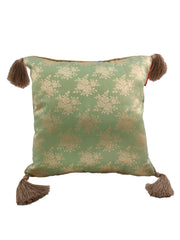The RAMSHA HOME Polyester Cushion Cover With Tassel CS-042 features a light green and gold floral pattern, brown tassels on each corner, and a soft polyester material for added comfort.
