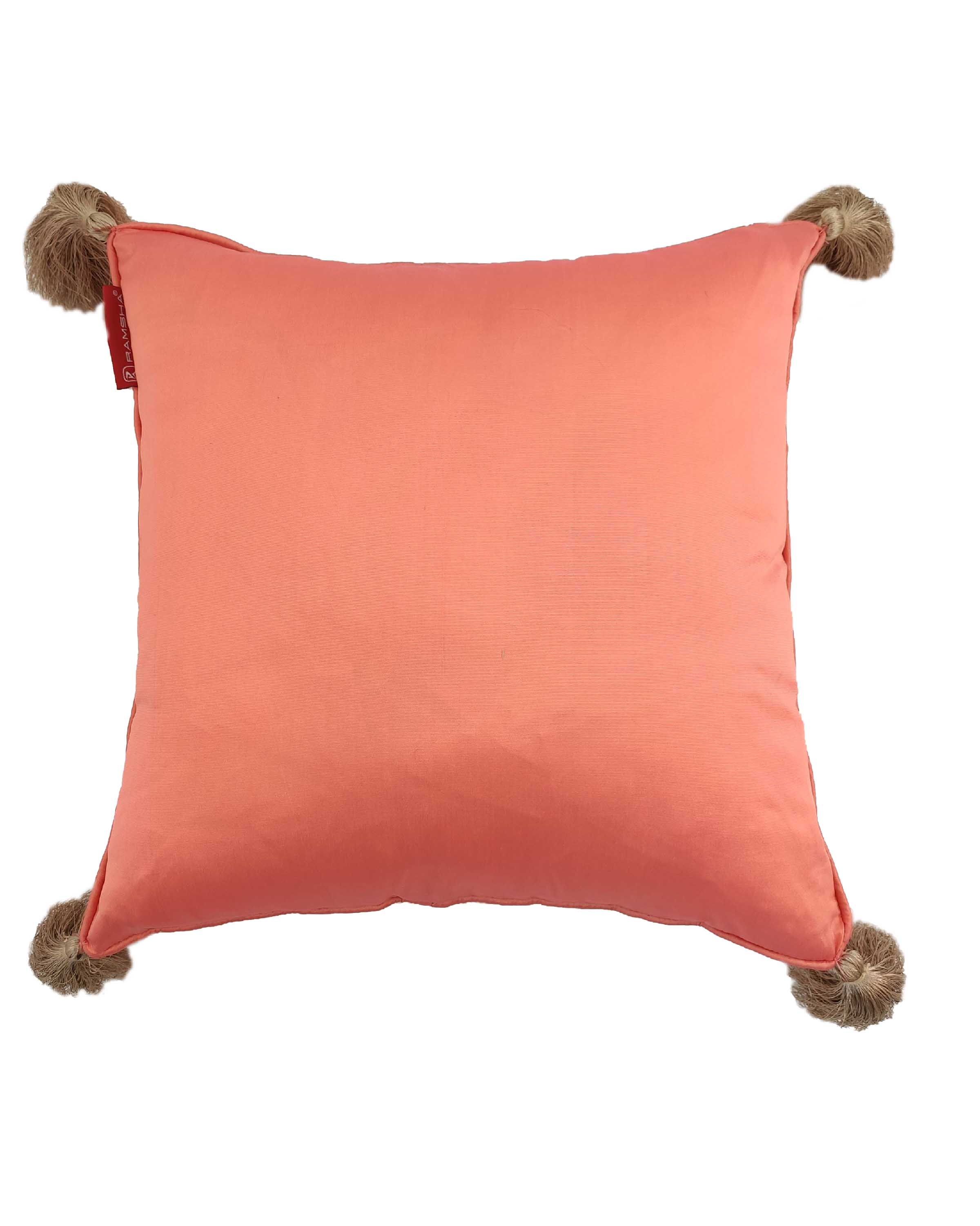 The RAMSHA HOME Light Pink Cushion Cover CS-043, featuring a square design with tan tassels at each corner, adds a cozy and elegant touch to your décor. Displayed against a white background, it’s a charming choice for any space.