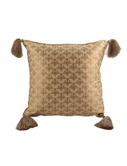The RAMSHA HOME Modern Polyester Cushion Cover CS-044 is a square decorative pillow with a beige and brown geometric pattern and large brown tassels on each corner, ideal for elevating contemporary decor.