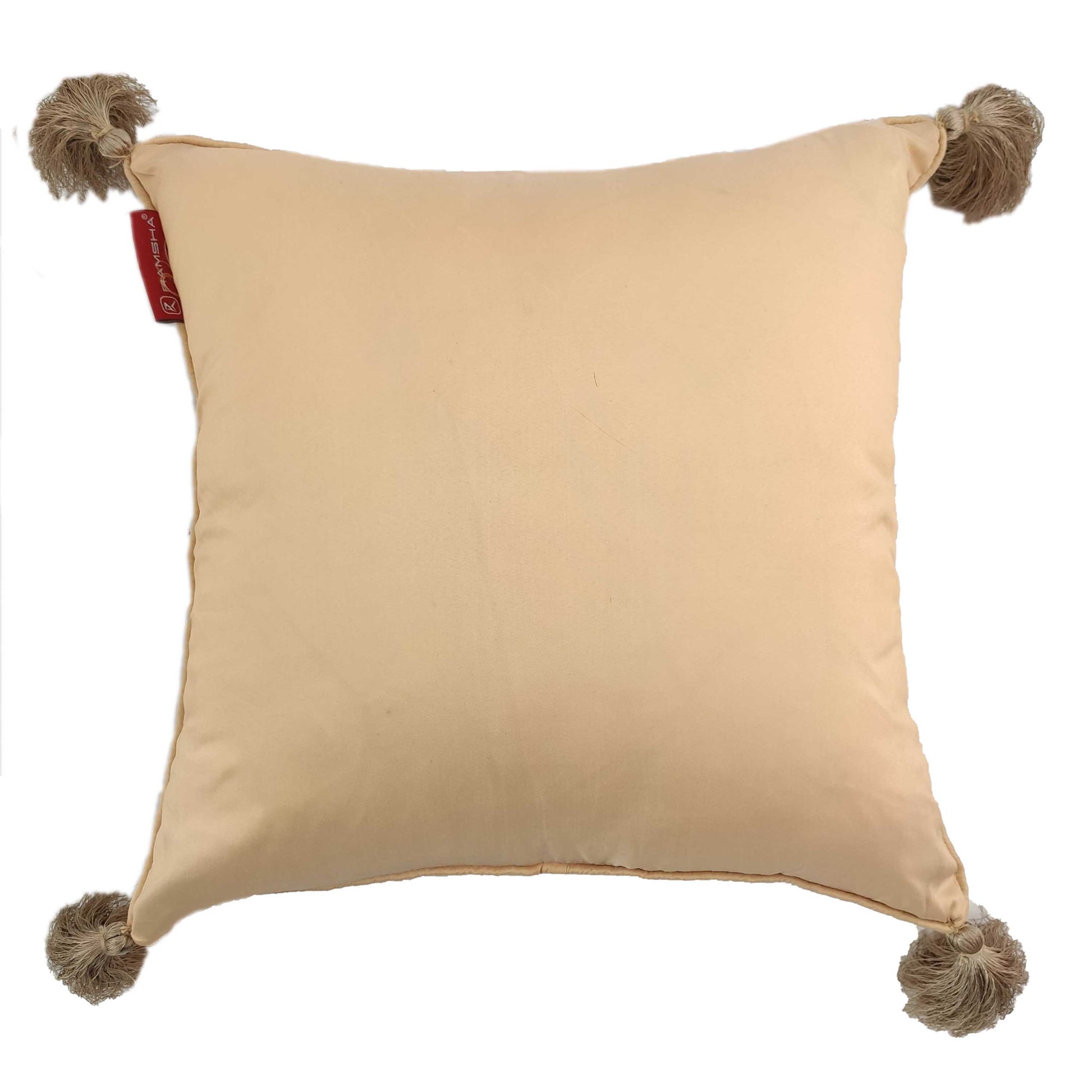 The RAMSHA HOME Modern Polyester Cushion Cover CS-044 is a beige square pillow with beige tassels on each corner and a red fabric tag, perfect for contemporary decor. Shown on a plain white background.