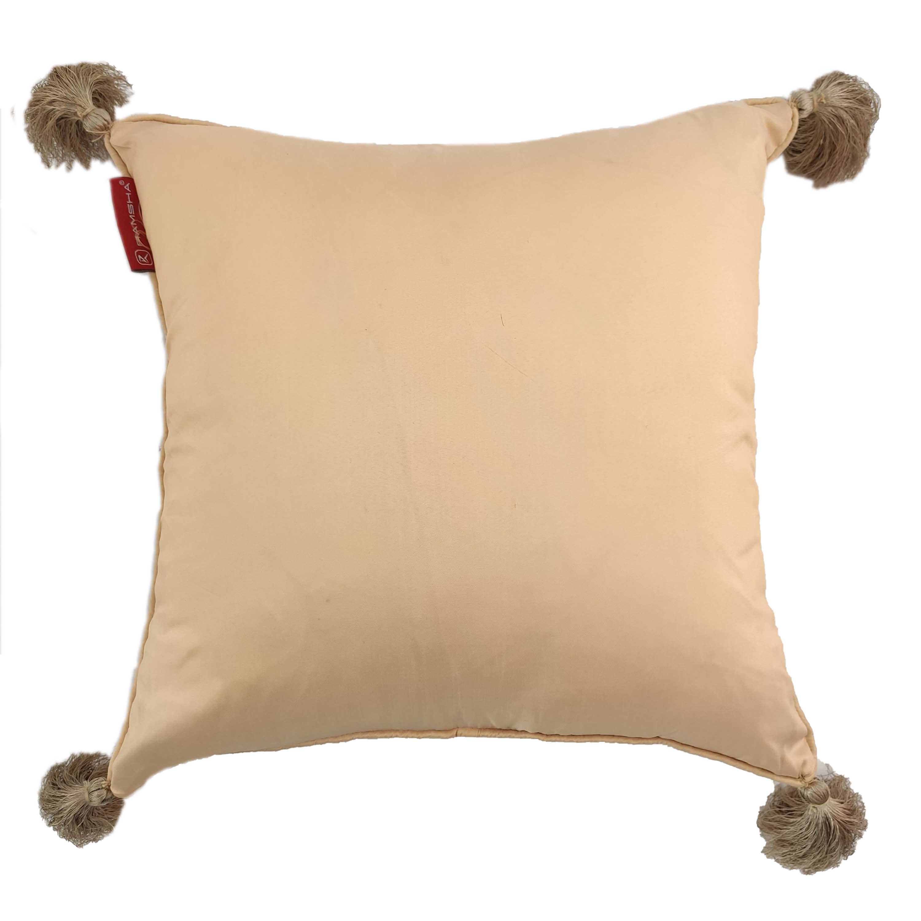 The RAMSHA HOME Modern Polyester Cushion Cover CS-044 is a beige square pillow with beige tassels on each corner and a red fabric tag, perfect for contemporary decor. Shown on a plain white background.