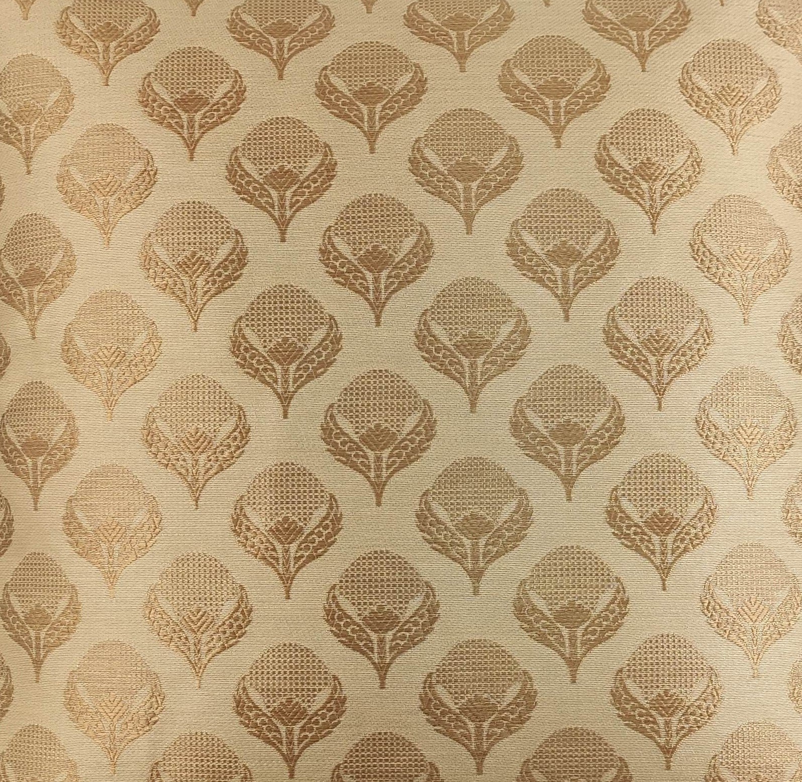 Gold and beige wallpaper with a symmetrical floral pattern adds elegance to any space, pairing perfectly with the RAMSHA HOME Gold Color Cushion Cover With Tassel CS-045.