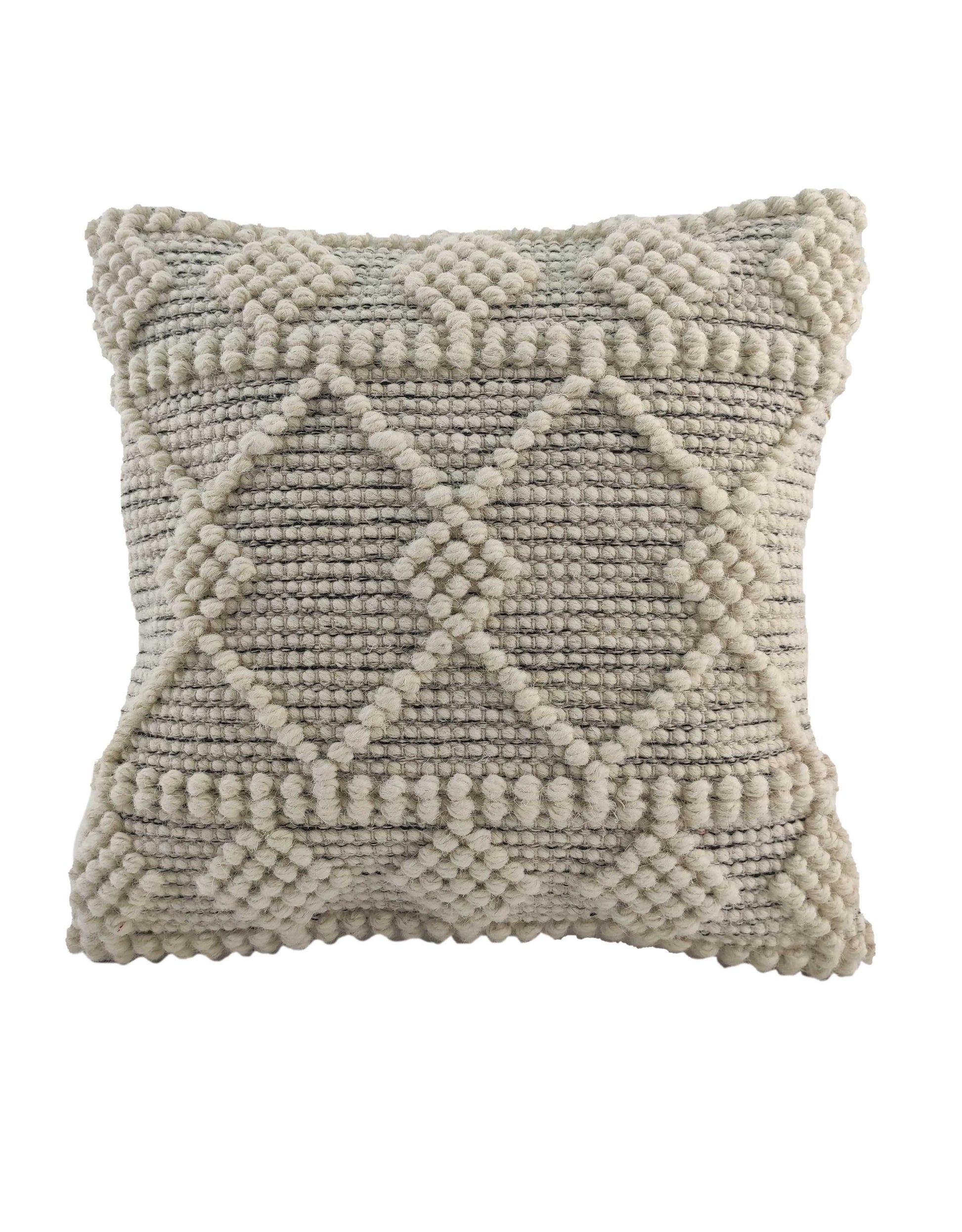 The RAMSHA HOME Natural & Black Color Cushion With Filler CS-047 features a textured woven cover in neutral tones with raised tufted geometric patterns, making it a modern accent piece for any space. Shown on a plain white background.