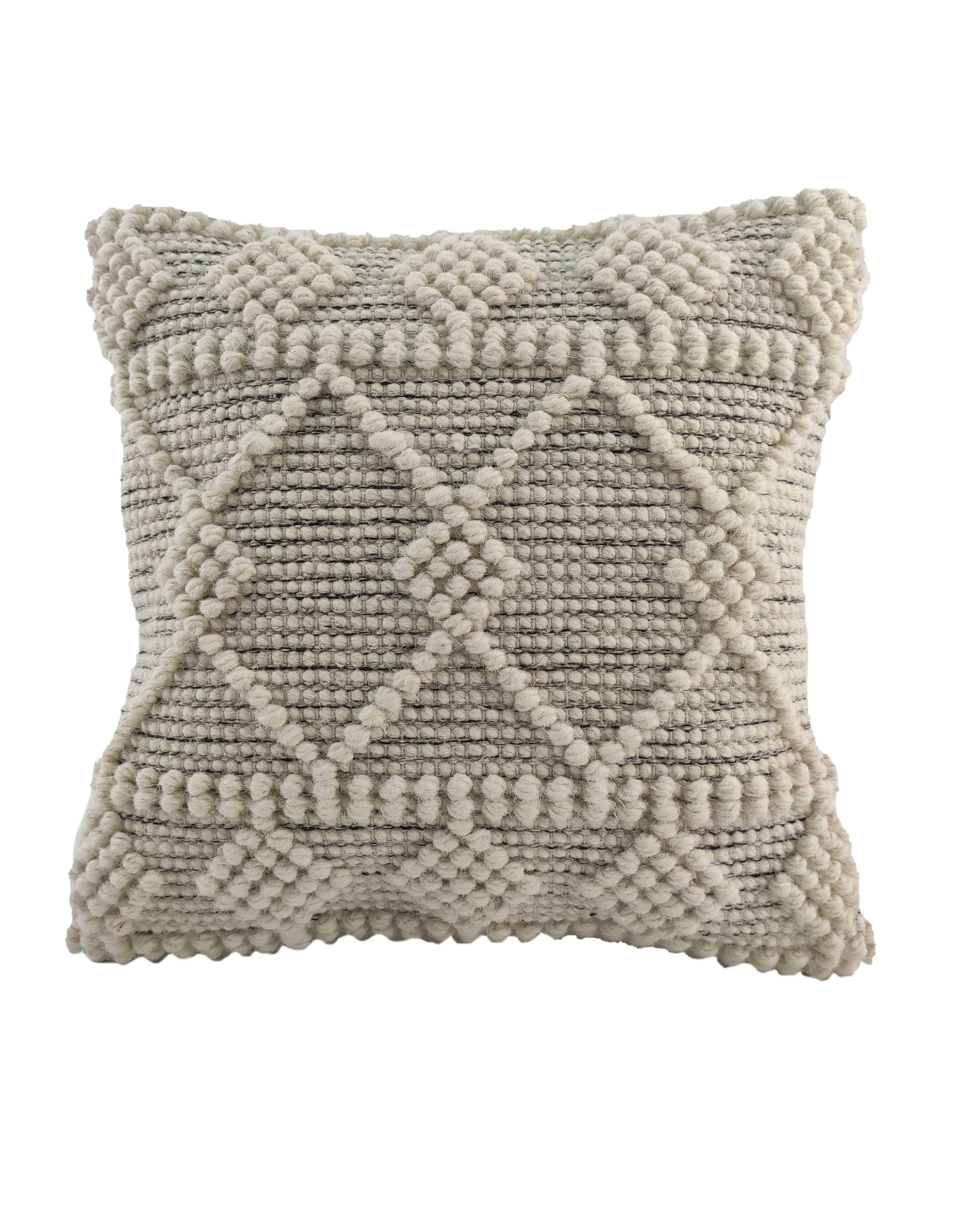 The RAMSHA HOME Natural & Black Color Cushion With Filler CS-047 features a textured woven cover in neutral tones with raised tufted geometric patterns, making it a modern accent piece for any space. Shown on a plain white background.