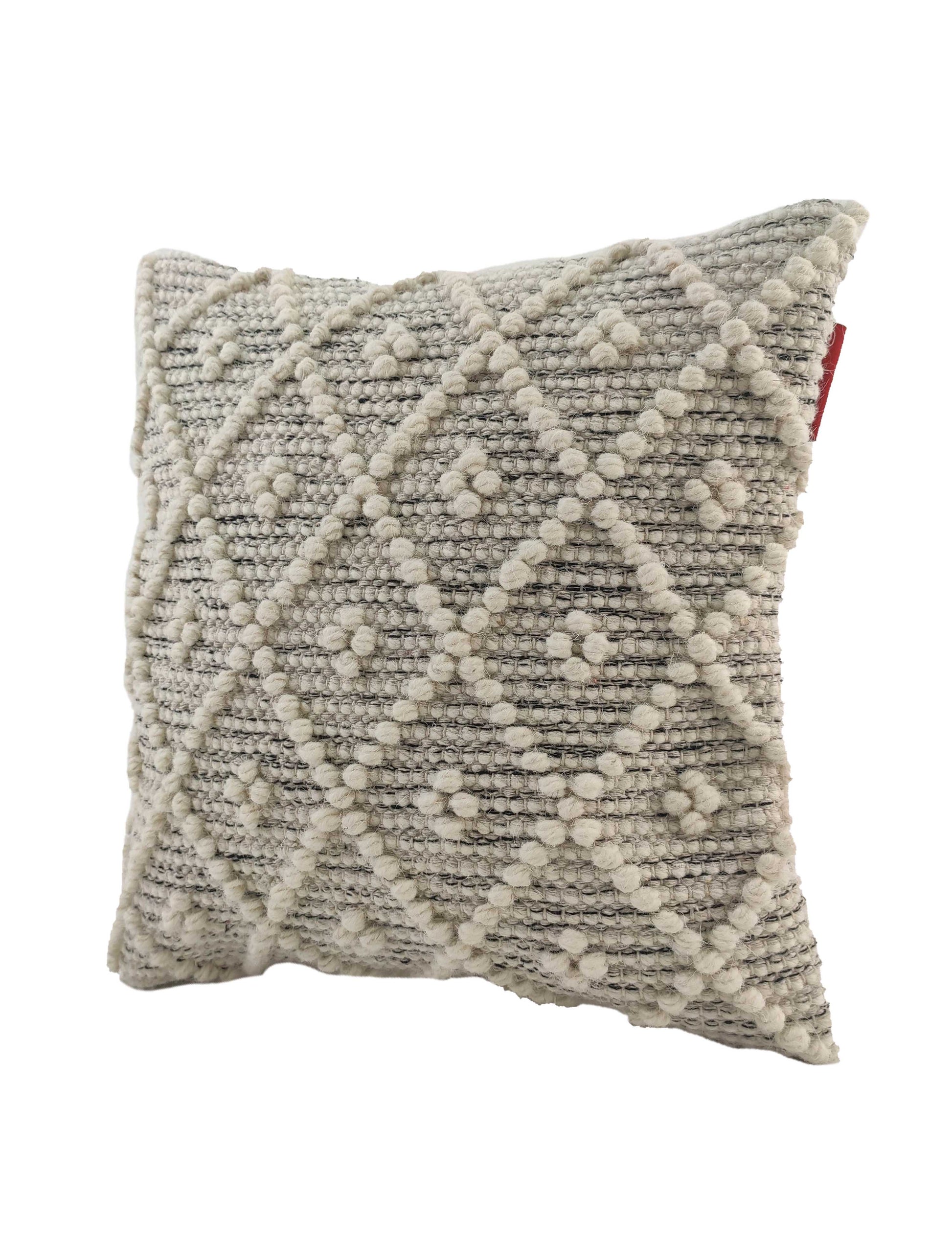 The RAMSHA HOME Woven Cushion With Filler CS-048 has a soft, cozy gray and white textured design with raised diamond shapes, tufted dots, and a distinctive red tag—ideal for adding style to your living room.