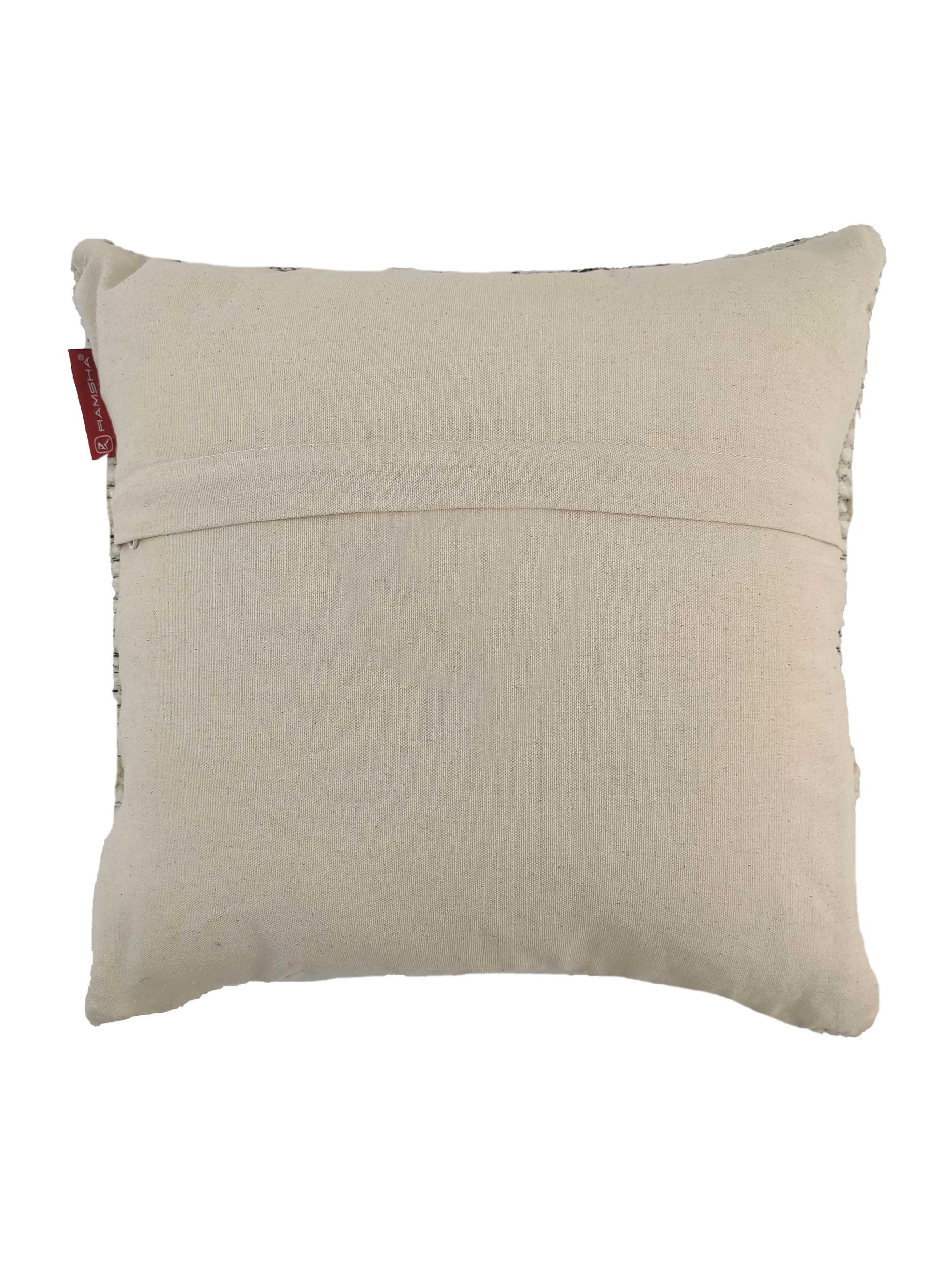 The RAMSHA HOME Woven Cushion With Filler CS-048 is a square beige cushion with a plain cover and horizontal back seam, featuring a red fabric tag—an ideal stylish addition to your living room.