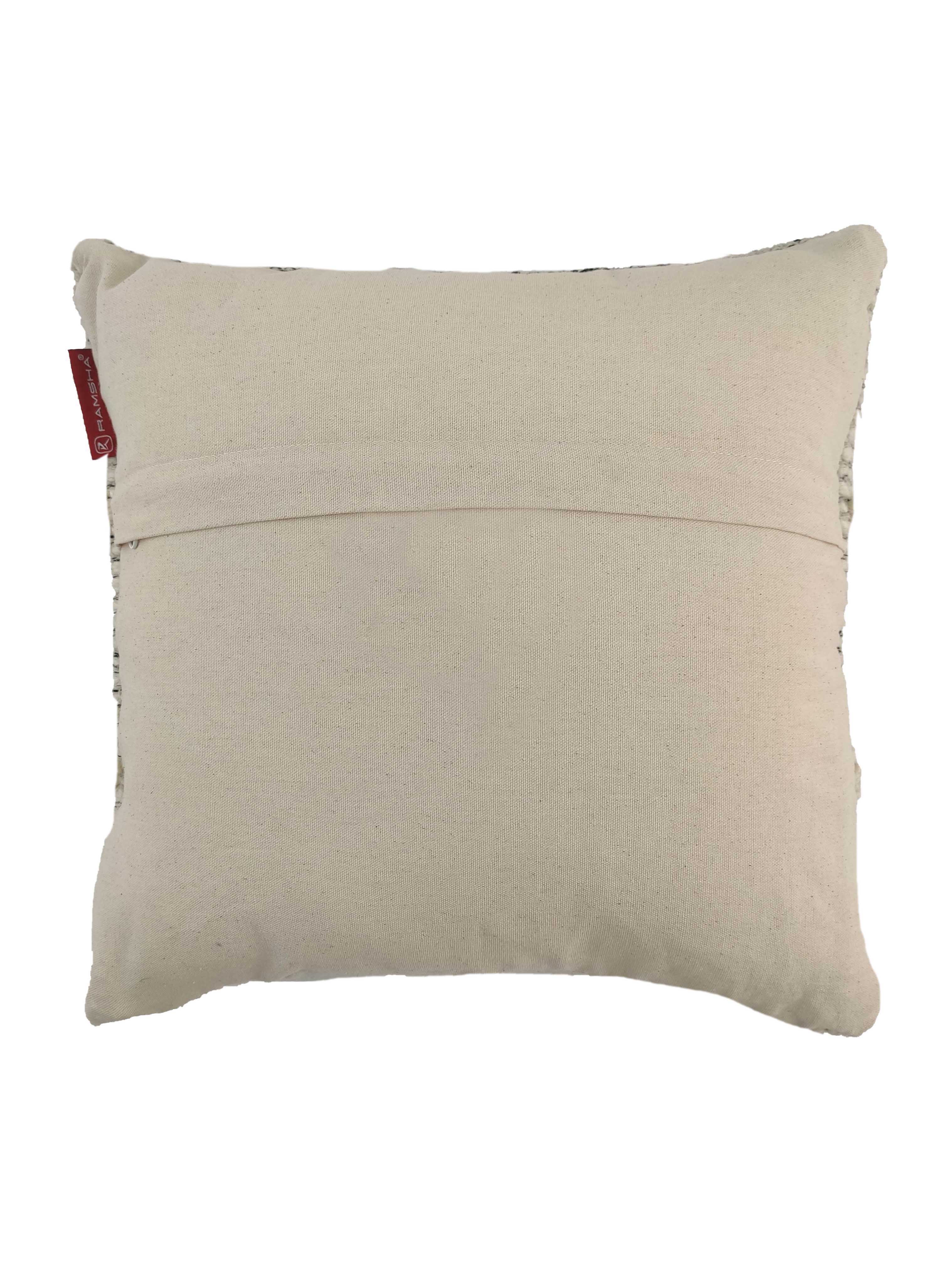 The RAMSHA HOME Woven Cushion With Filler CS-048 is a square beige cushion with a plain cover and horizontal back seam, featuring a red fabric tag—an ideal stylish addition to your living room.