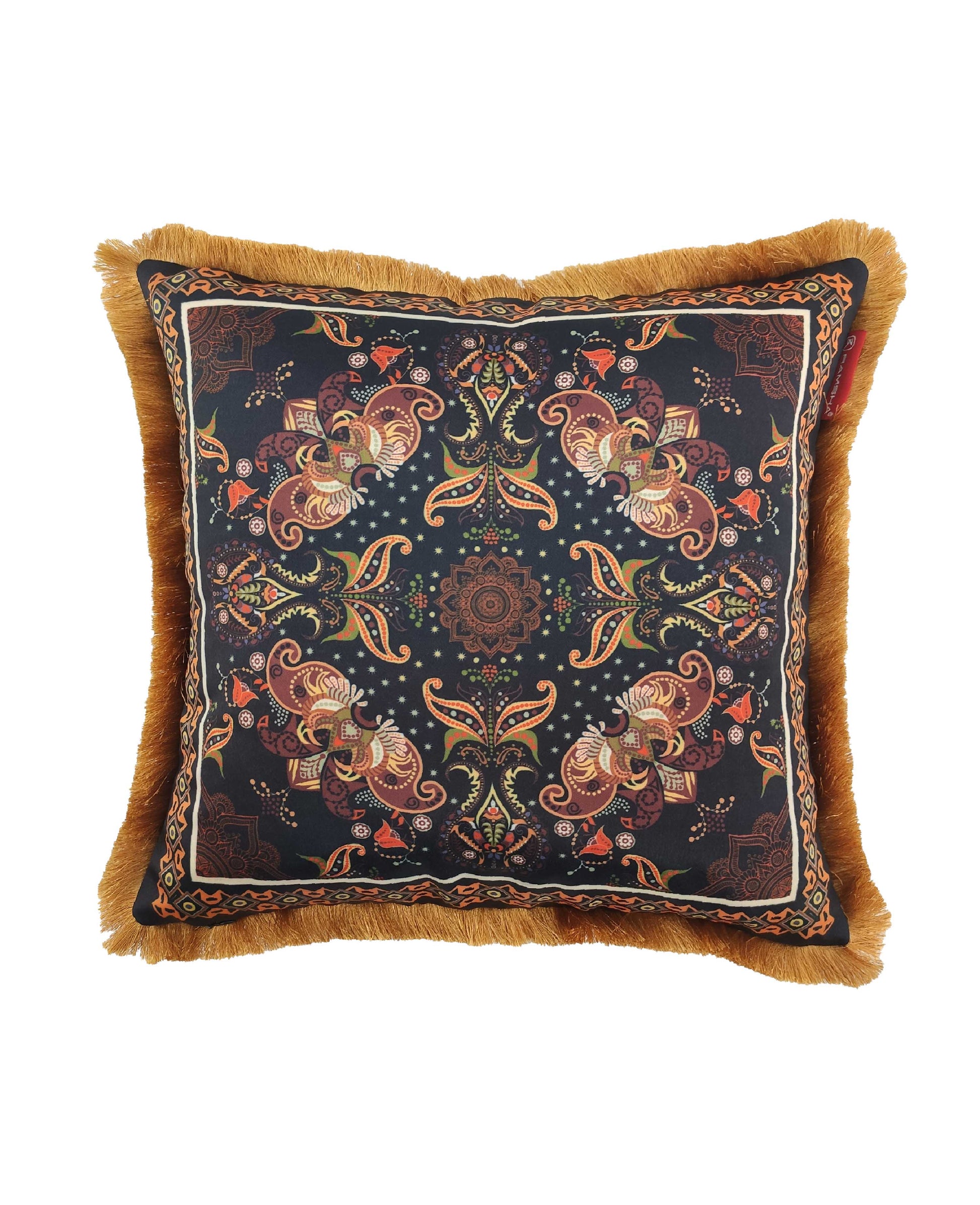 The RAMSHA HOME Multi Color Printed Cushion With Filler CS-052 features a square shape, vibrant paisley and floral patterns on a dark background, gold fringes, and adds a bohemian or vintage flair to your decor.