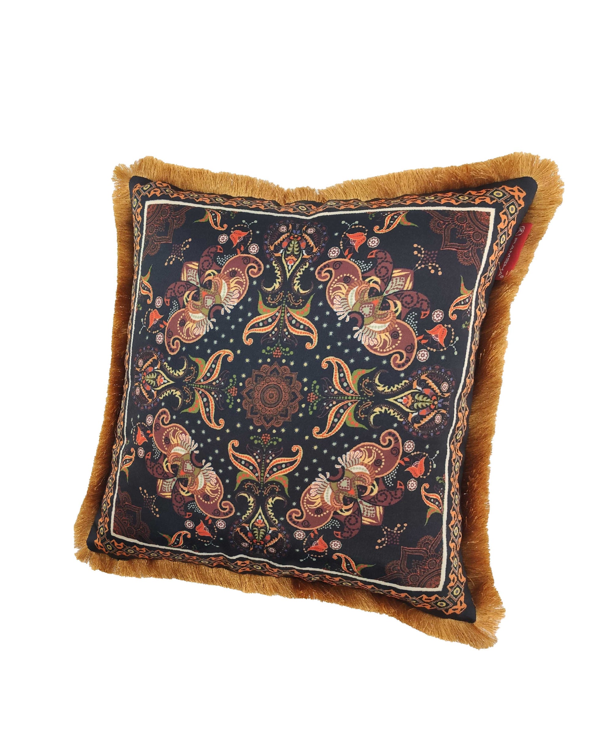 The RAMSHA HOME Multi Color Printed Cushion With Filler CS-052 features an intricate mandala-inspired pattern on a dark background, golden-brown fringe trim, and includes a comfortable cushion with filler for added support.