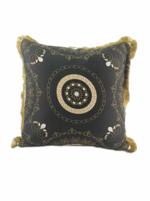 The RAMSHA HOME Printed Polyester Cushion With Filler CS-053 features a black background, gold ornate patterns, a central circular design, gold fringe trim, and includes filler—an elegant decorative pillow for any seating.