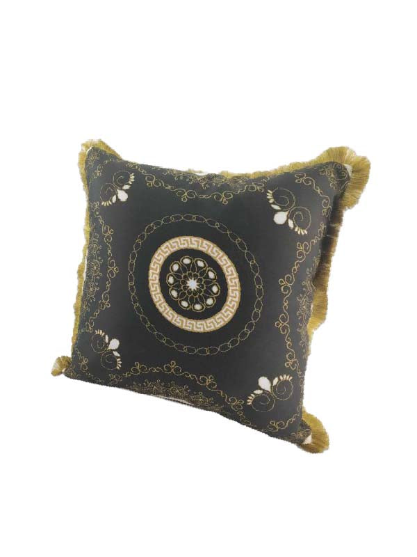 The RAMSHA HOME Printed Polyester Cushion With Filler CS-053 features black fabric, gold embroidered floral patterns, and gold fringe trim—ideal as a stylish decorative pillow for your seating spaces.